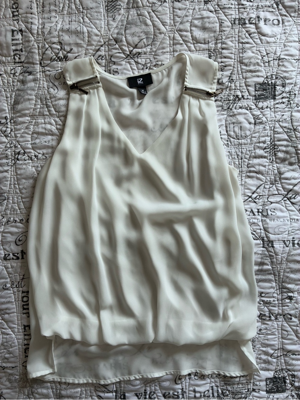 Iz Byer Cream Sleeveless V-Neck Blouse with Zip-Trim Shoulders